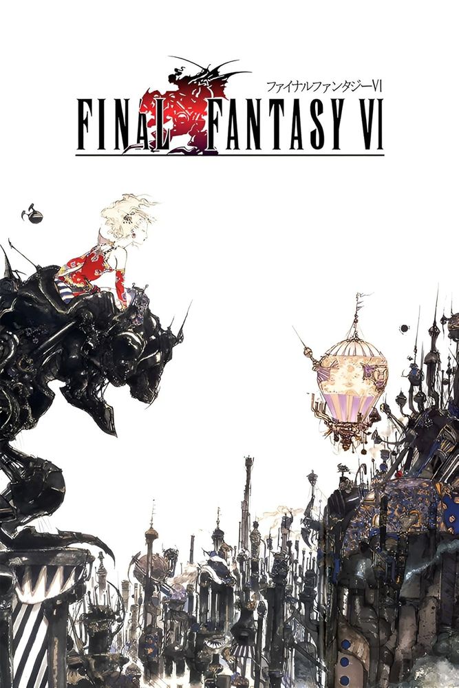 Box art for the Japanese version of Final Fantasy 6. In it, a young woman rides a mecha towards a city.