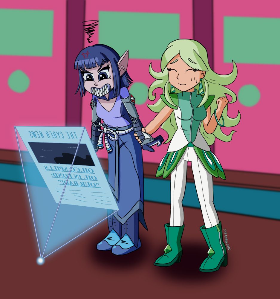 Muni (left) looking down at a hologram of a newspaper, fuming with rage at what she's reading. Elorida (right) tries to calm her friend down. Behind the pair is a simplistic, vaguely futuristic city street. The hologram is called "THE CYBER NEWS" and reads, "OILCO SPILLS OIL IN POND: 'OUR BAD!'"