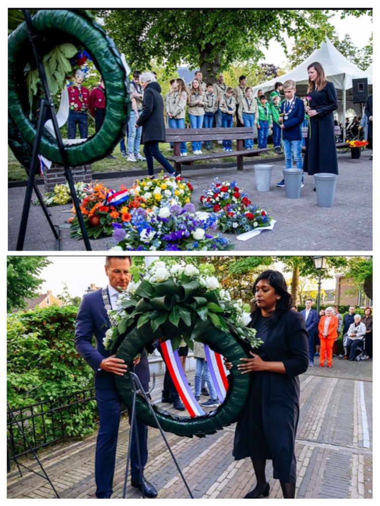 Foto boven: wethouder Marieke van Bijnen en kinderburgemeester Jim den Boer staan bij de kransen in Pijnacker. Foto onder: raadslid Kavita Hira legt een krans met burgemeester Björn Lugthart in Nootdorp.