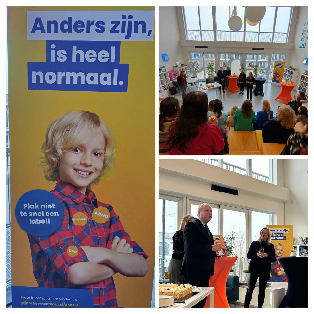 Links een banner van de jeugdhulp campagne Anders zijn is heel normaal, rechtsboven een overzichtsfoto van de zaal, rechtsonder de wethouder onderwijs en schooldirecteur in gesprek.