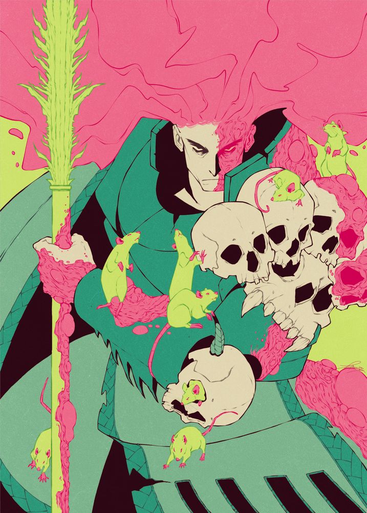 Illustration of a woman in armor, covered in rot, skulls and rats. She holds a jagged spear. 