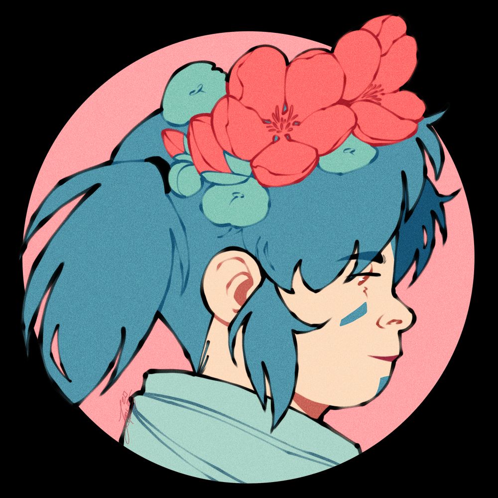 A stylized icon of a character with blue hair and a flower crown