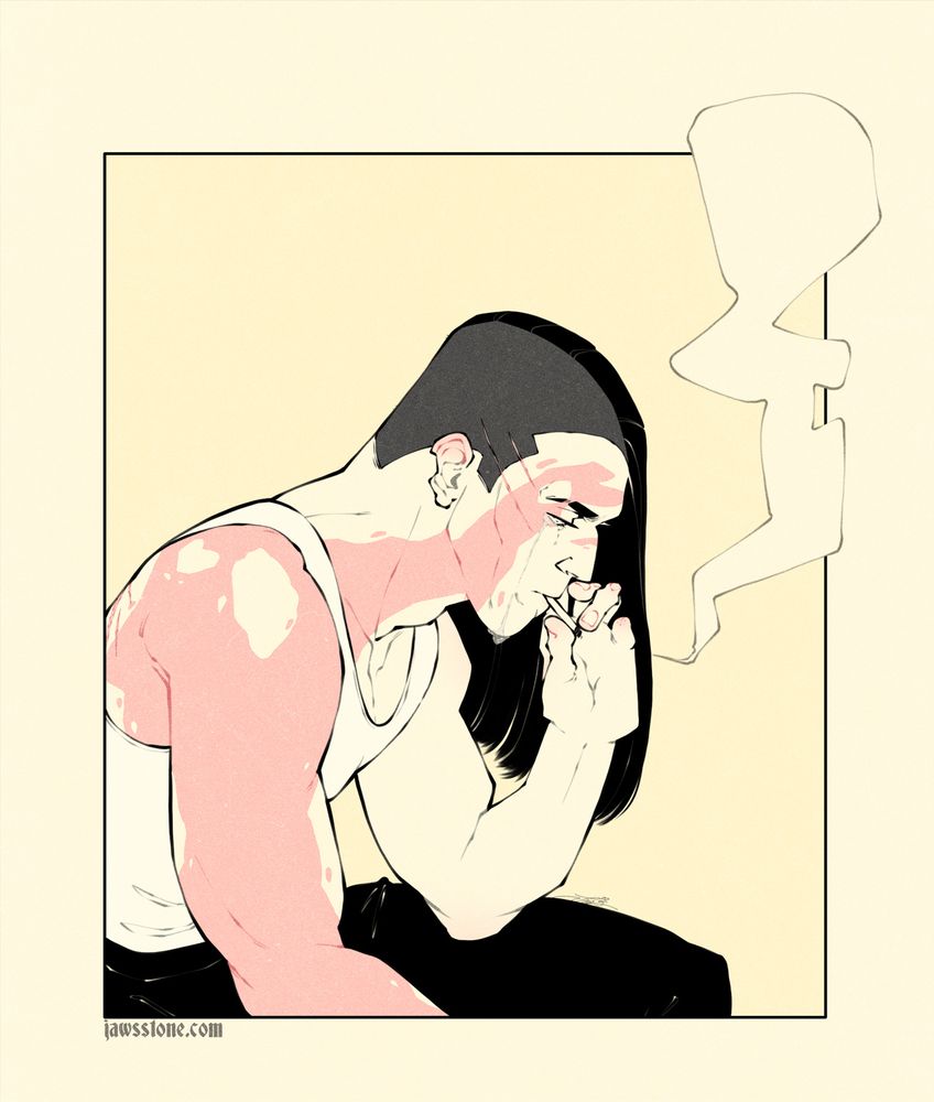 Drawing of a man with heavy scars, smoking a cigarette and crying
