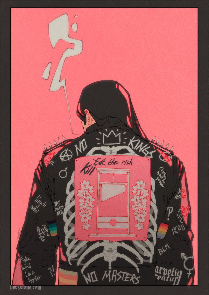 An illustration of a man wearing a punk jacket full of slogans, drawings and flags