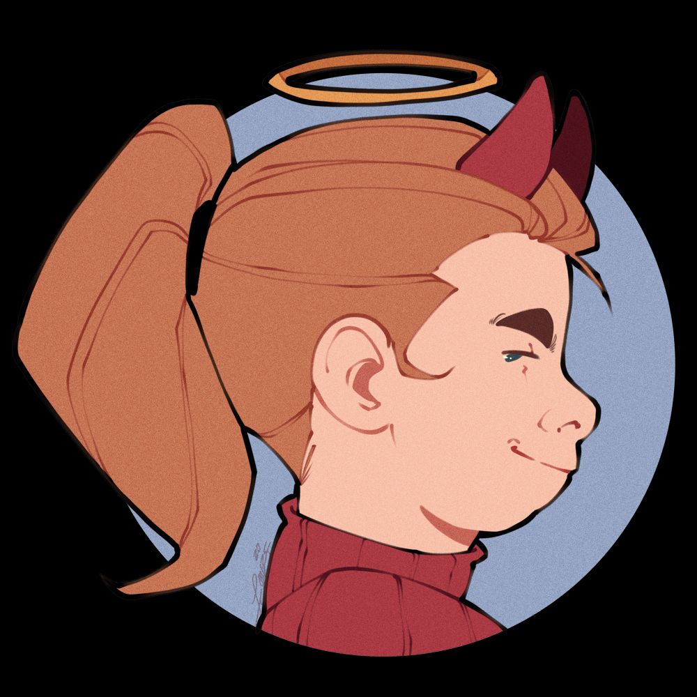 A stylized drawing of a person in sideview with devil horns and a halo