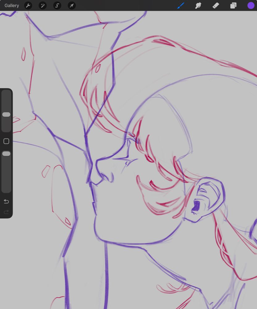 Cropped sketch of a woman with big hair, kissing a man’s chest