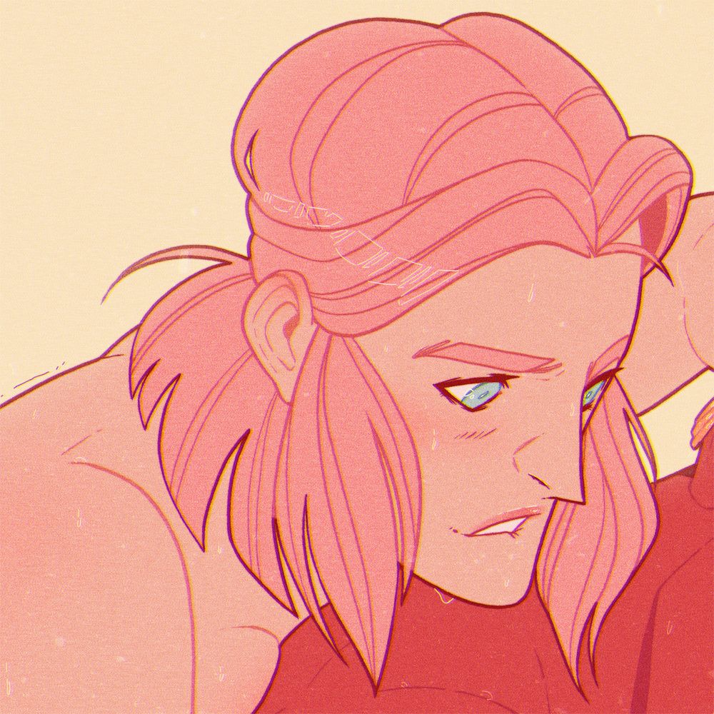 A cropped headshot drawing of a woman with pink hair