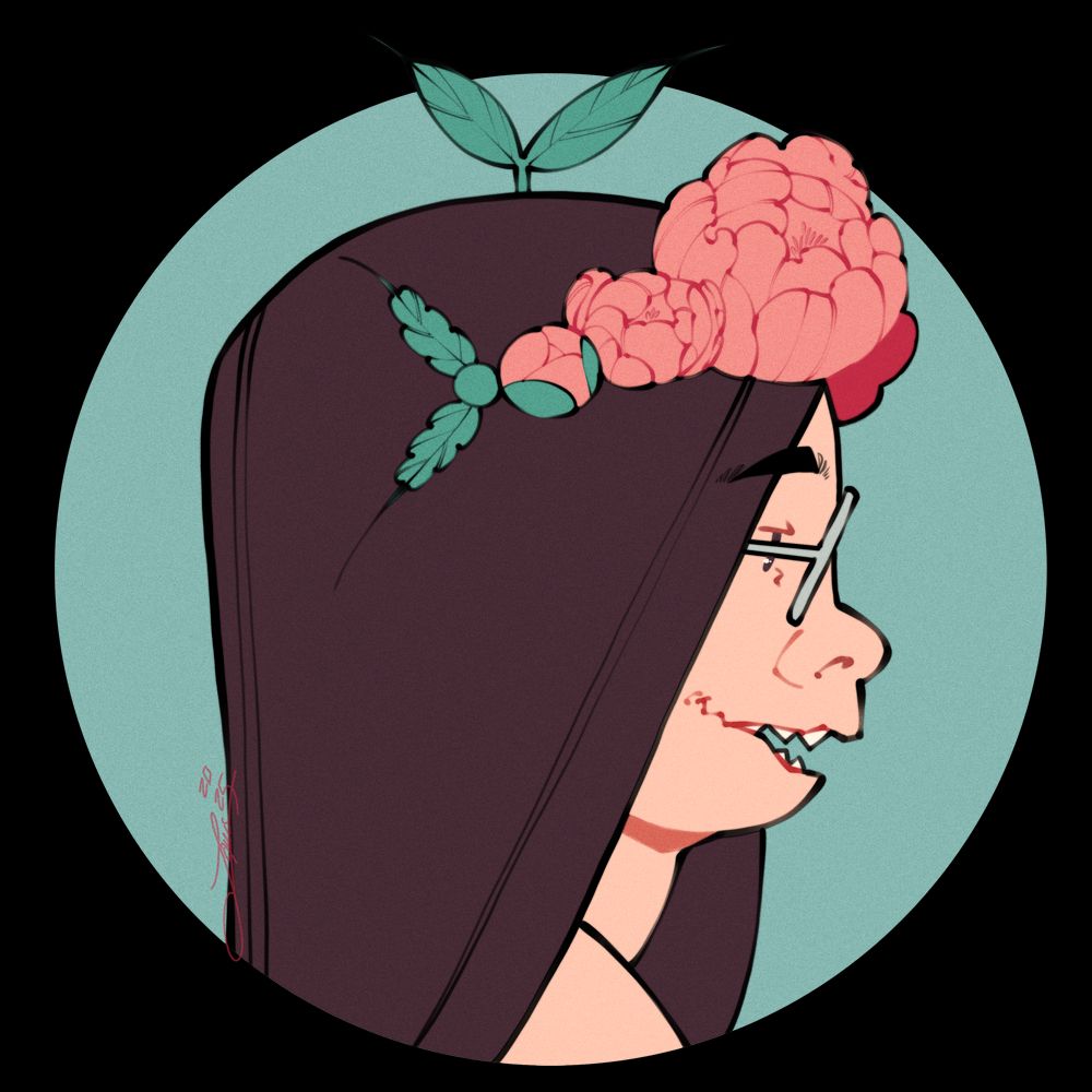 A stylized drawing of a person in sideview wearing a flower crown and a leaf on their head