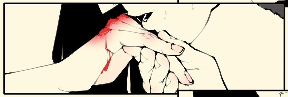 A comic panel work in progress of a man kissing another man's bloodied hand
