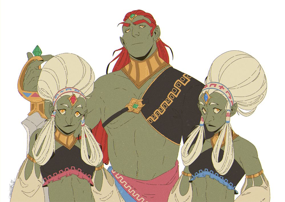 A drawing of three people standing next to one another, one tall man and two smaller women.