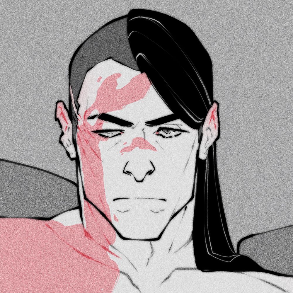 Cropped close up of a scarred, black haired man. Drawing