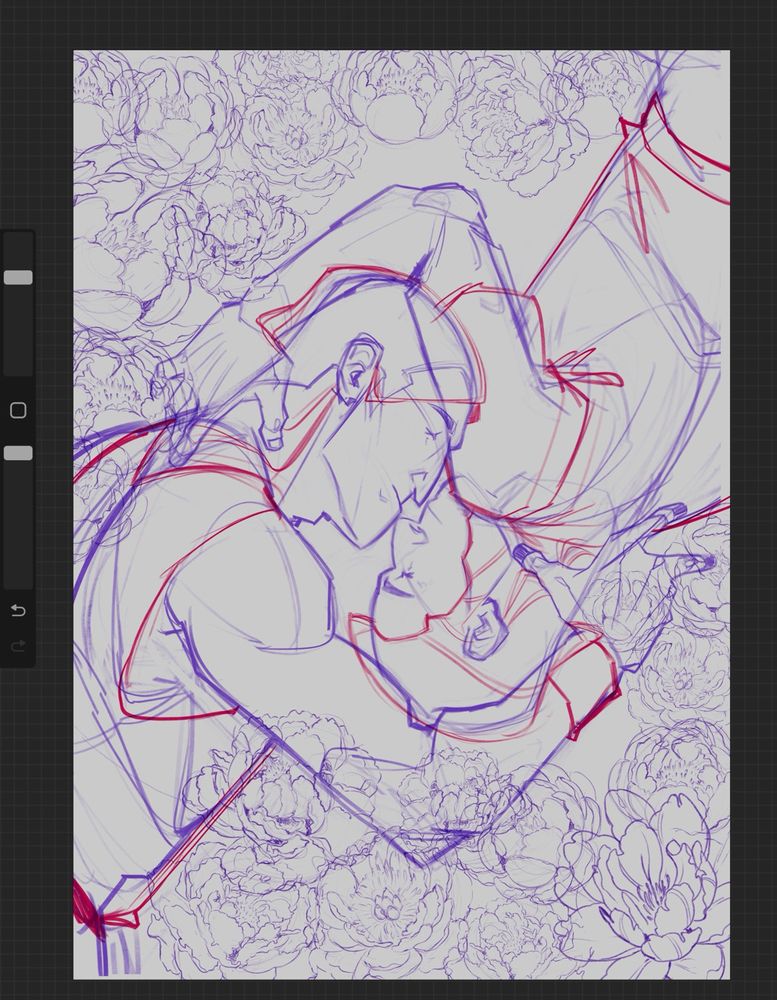 A sketch of two men laying in a field of flowers