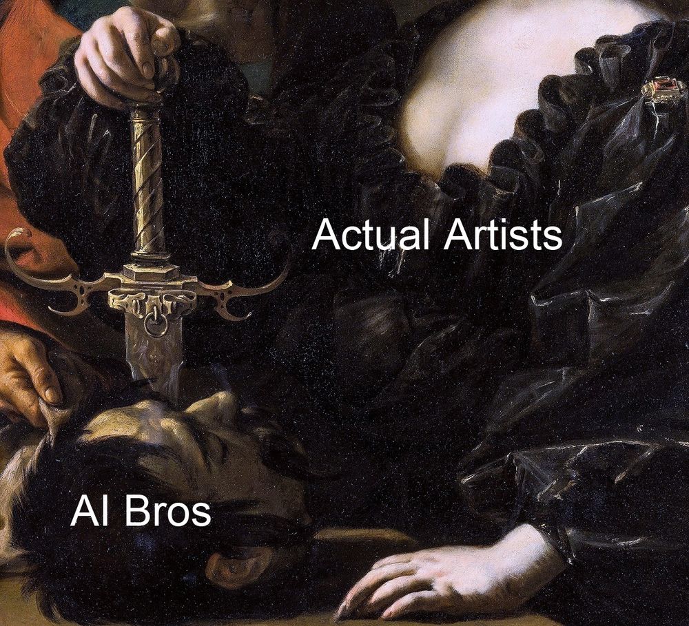 A cropped traditional painting of a character stabbing a man through the head with a sword. Over the person stabbing, the text says 