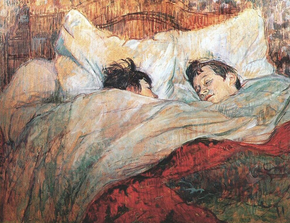 A painting of two women facing one another, resting in a big bed