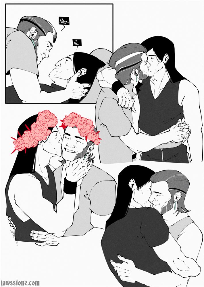 Several drawings of a couple interacting romantically with one another, from light touches to hugs to kisses 