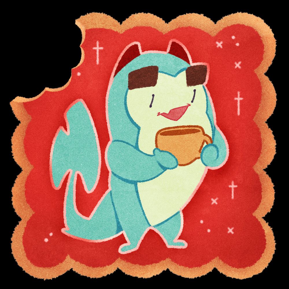 A stylized drawing of a biscuit with decorations on it. The drawing on the cookie is a shark holding a cup of coffee