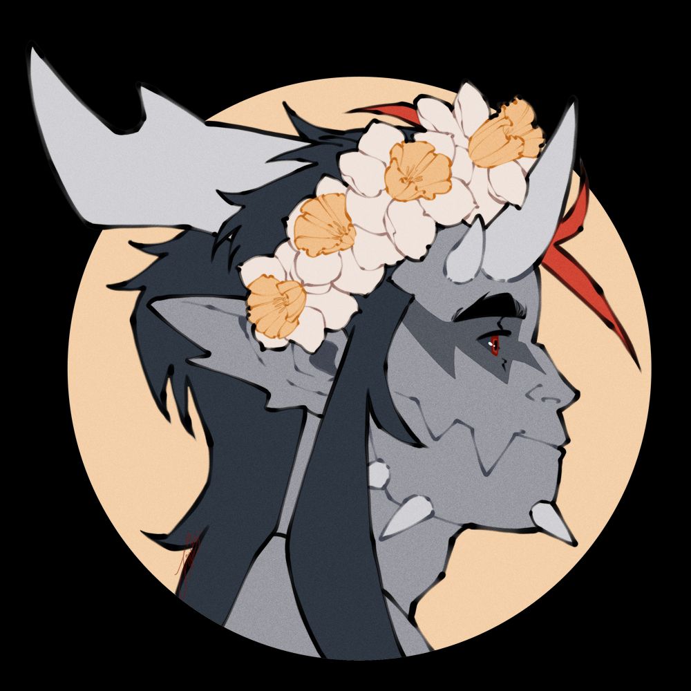 A stylized icon of a grey character with horns and a flower crown
