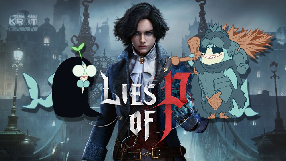 A screenshot of Lies of P, the game, with two shark figures plastered on top of it 