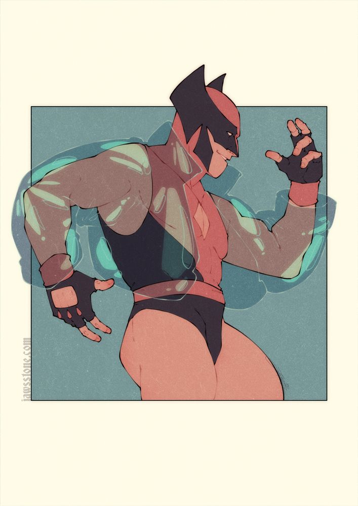 A drawing of a buff man wearing a see-through jacket and a super hero costume 