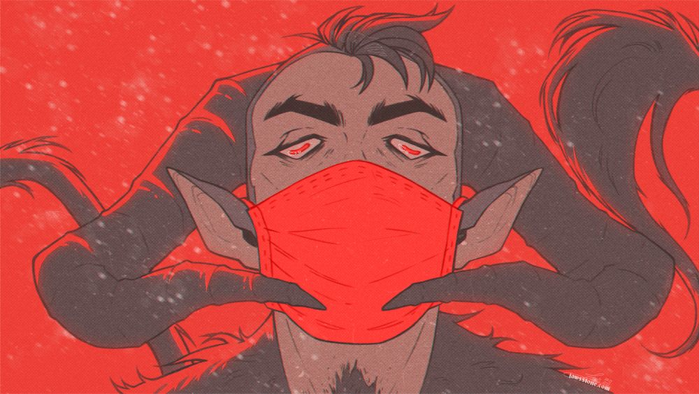 An illustration in bold reds of a horned figure wearing a mask