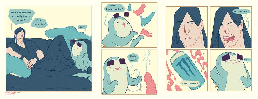 A comic of a dark haired man and a little shark figure interacting together, wondering what the can of monster tastes like