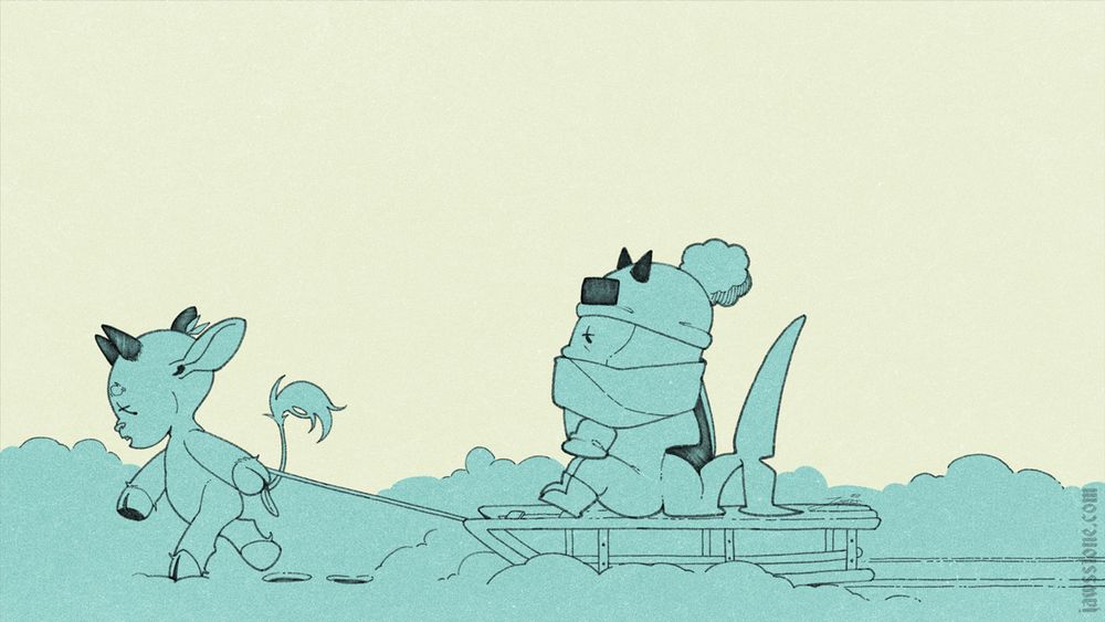 An illustration of a goat like creature pulling a sleigh. On the sleigh sits a shark figure.