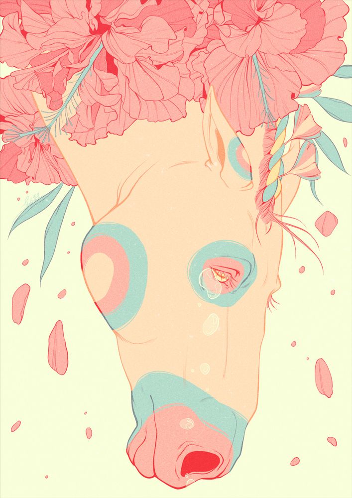 An illustration of a horse who is crying, poking its head out from a cluster of flowers