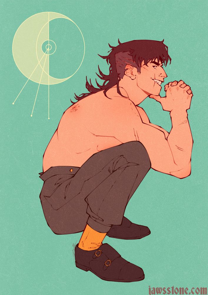 An illustration of a giant buff lady squatting, wearing cool pants and nice shoes. She's full of scars