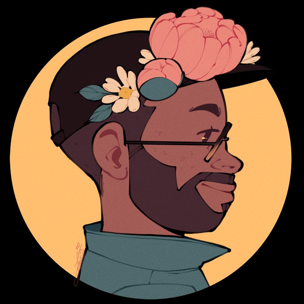 A stylized drawing of a person in sideview wearing a baseball cap and a flower crown 