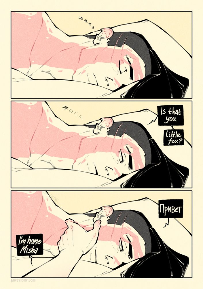 Comic page of a dark haired man waking up to his partner greeting him