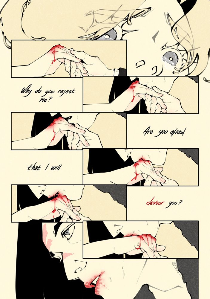 A comic page showing a man kissing the bloodied hand of another man. The text says "Why do you reject me? Are you afraid that I will devour you?" 
