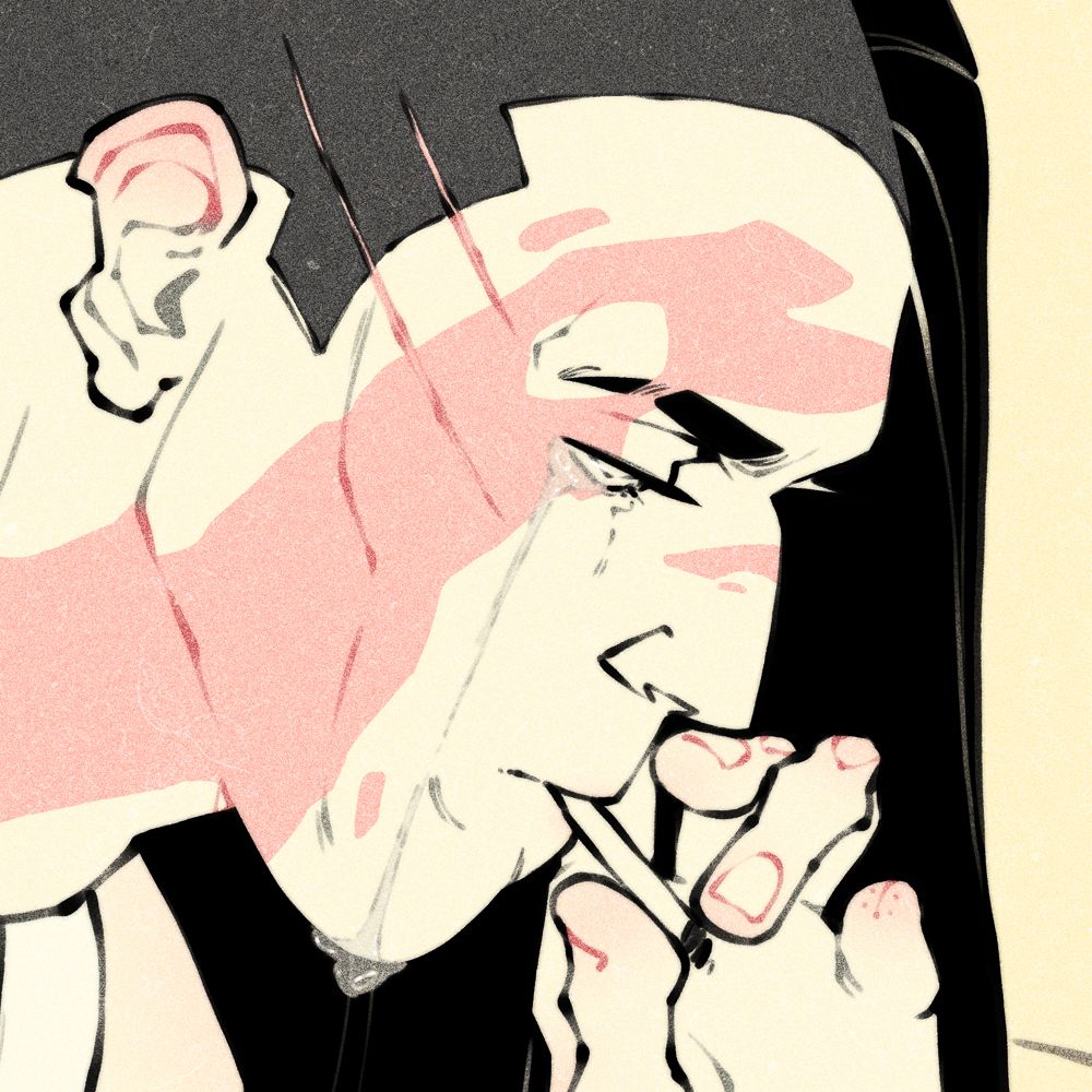 Cropped close up of a man's face, smoking a cigarette and crying