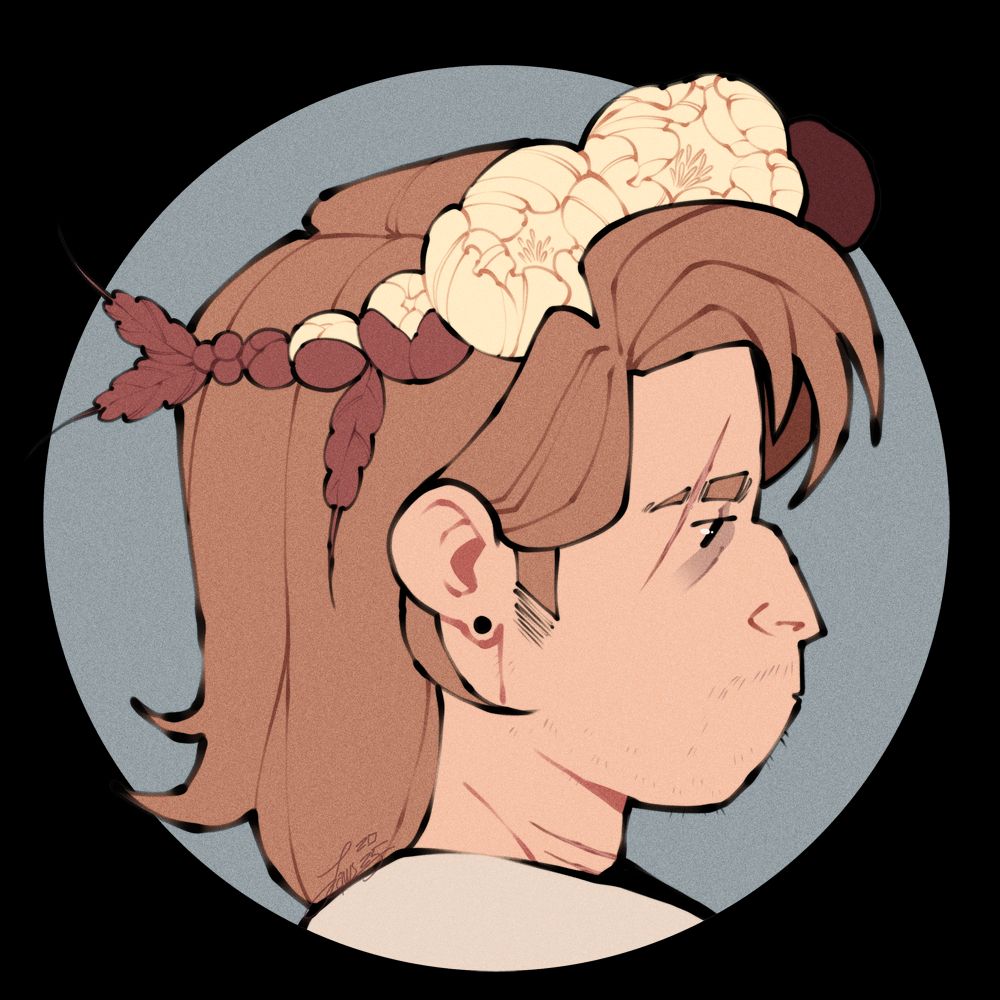A stylized icon of a man with a facial scar and a flower crown