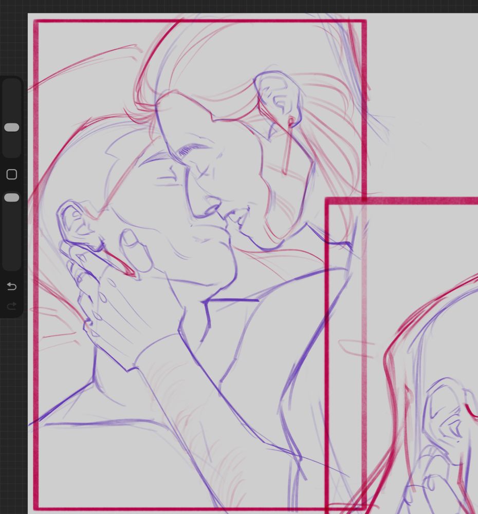 Cropped rough sketch of two men about to kiss