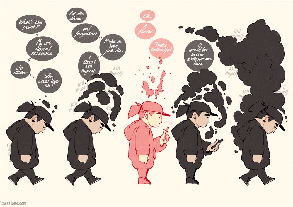 Sequential image of a character getting more and more depressed over time