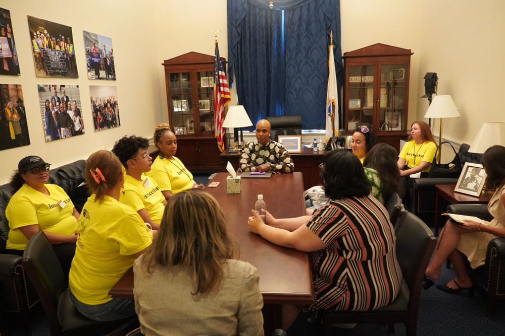 Rep. Ayanna Pressley meets in her office with members of Intersection of Our Lives, a reproductive justice advocacy group.
