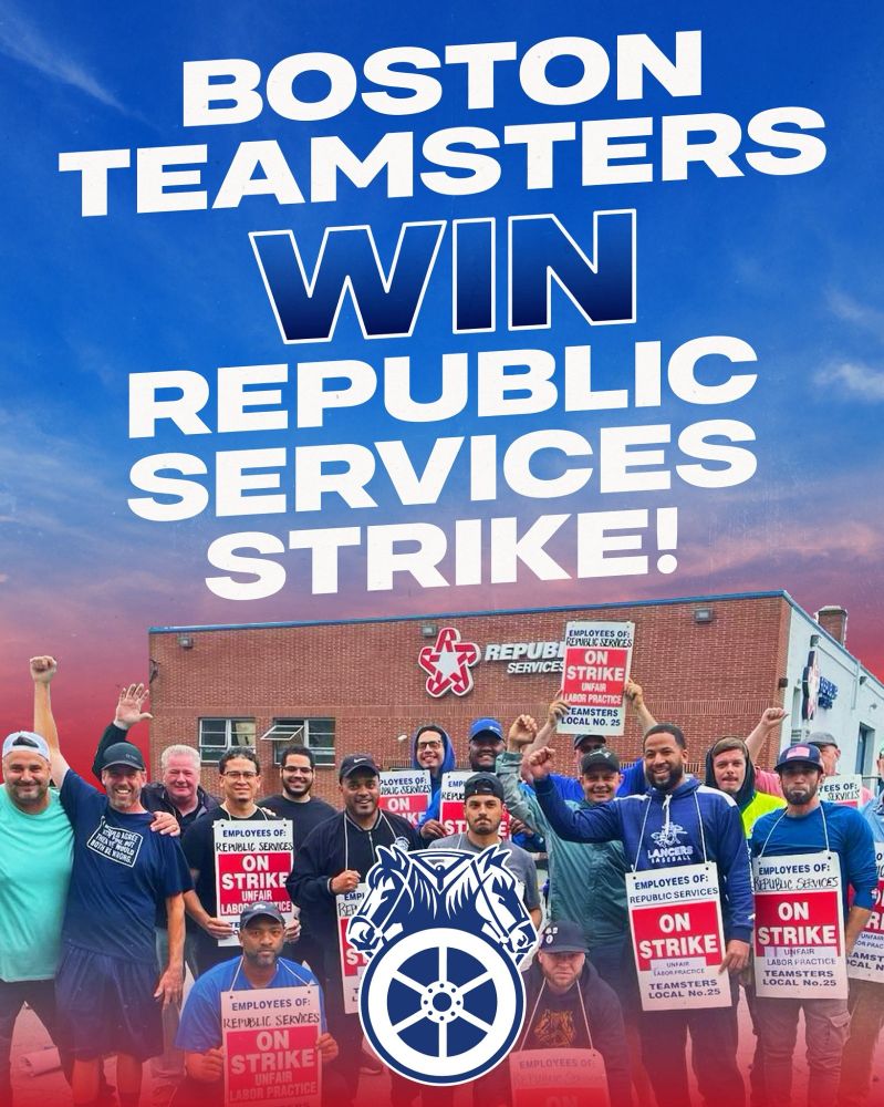 Boston Teamsters
WIN 
Republic 
Services
Strike!

Photo of striking Boston Teamsters members on the picket line holding up fists in solidarity.