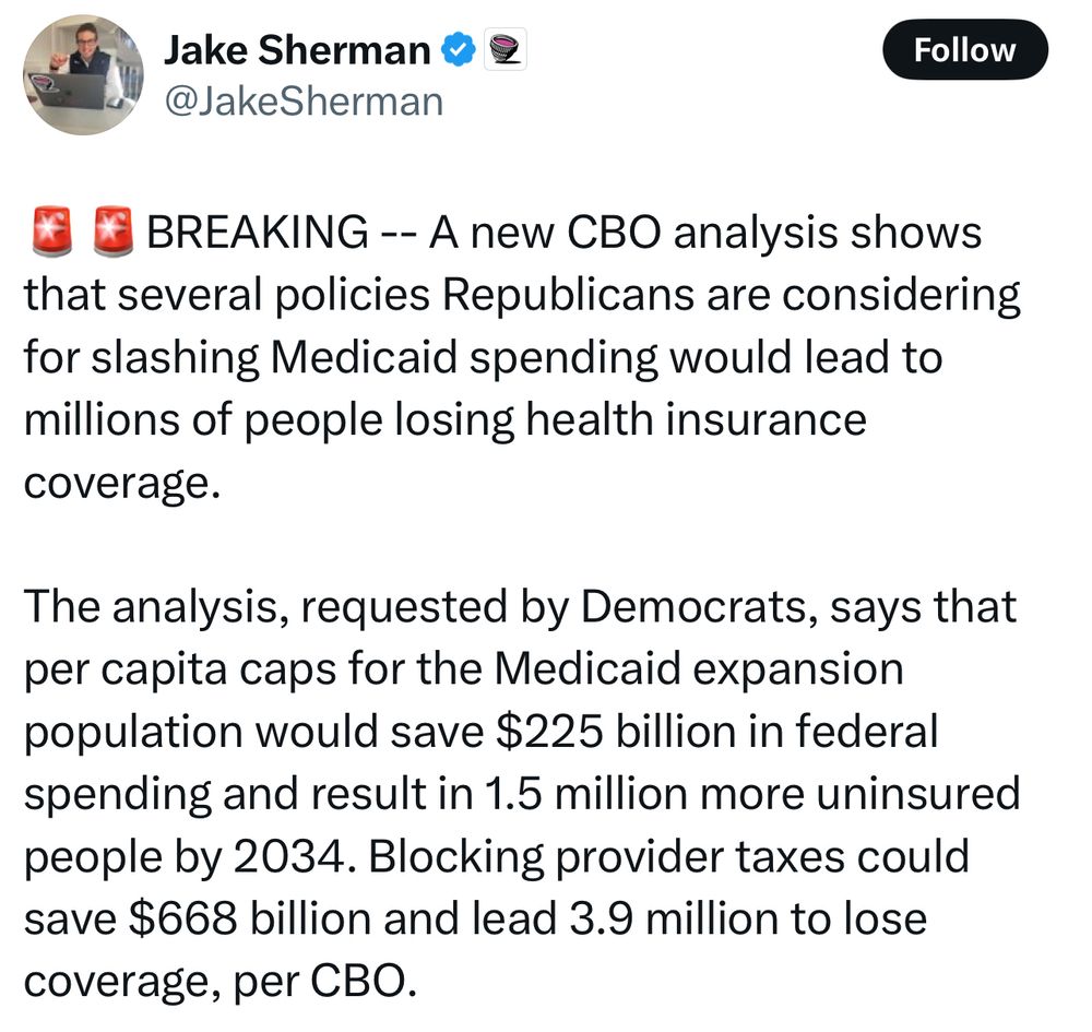 A tweet from Jake Sherman with Punchbowl News that reads:

🚨🚨BREAKING -- A new CBO analysis shows that several policies Republicans are considering for slashing Medicaid spending would lead to millions of people losing health insurance coverage.

The analysis, requested by Democrats, says that per capita caps for the Medicaid expansion population would save $225 billion in federal spending and result in 1.5 million more uninsured people by 2034. Blocking provider taxes could save $668 billion and lead 3.9 million to lose coverage, per CBO.