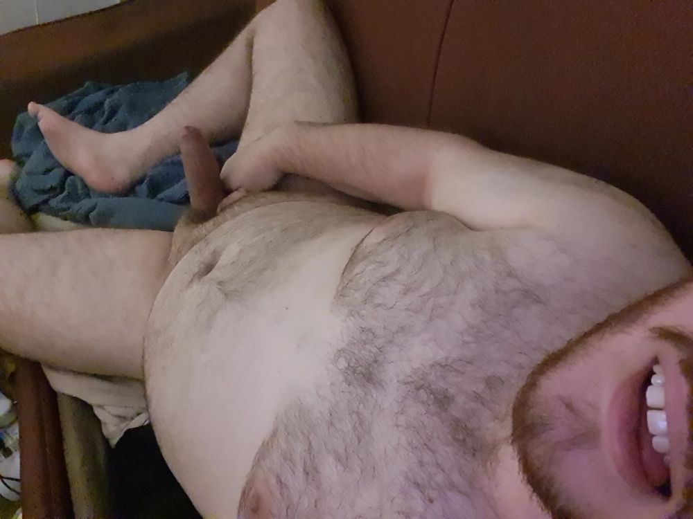 Hairy bearded chub completely naked showing uncut cock