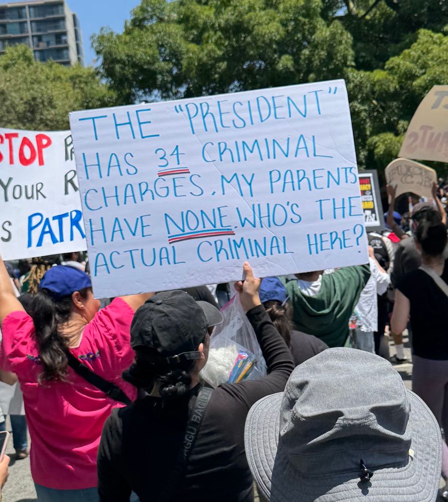 Protest sign says:
“The president has 34 criminal charges, my parents have none. Who is the real criminal here?”