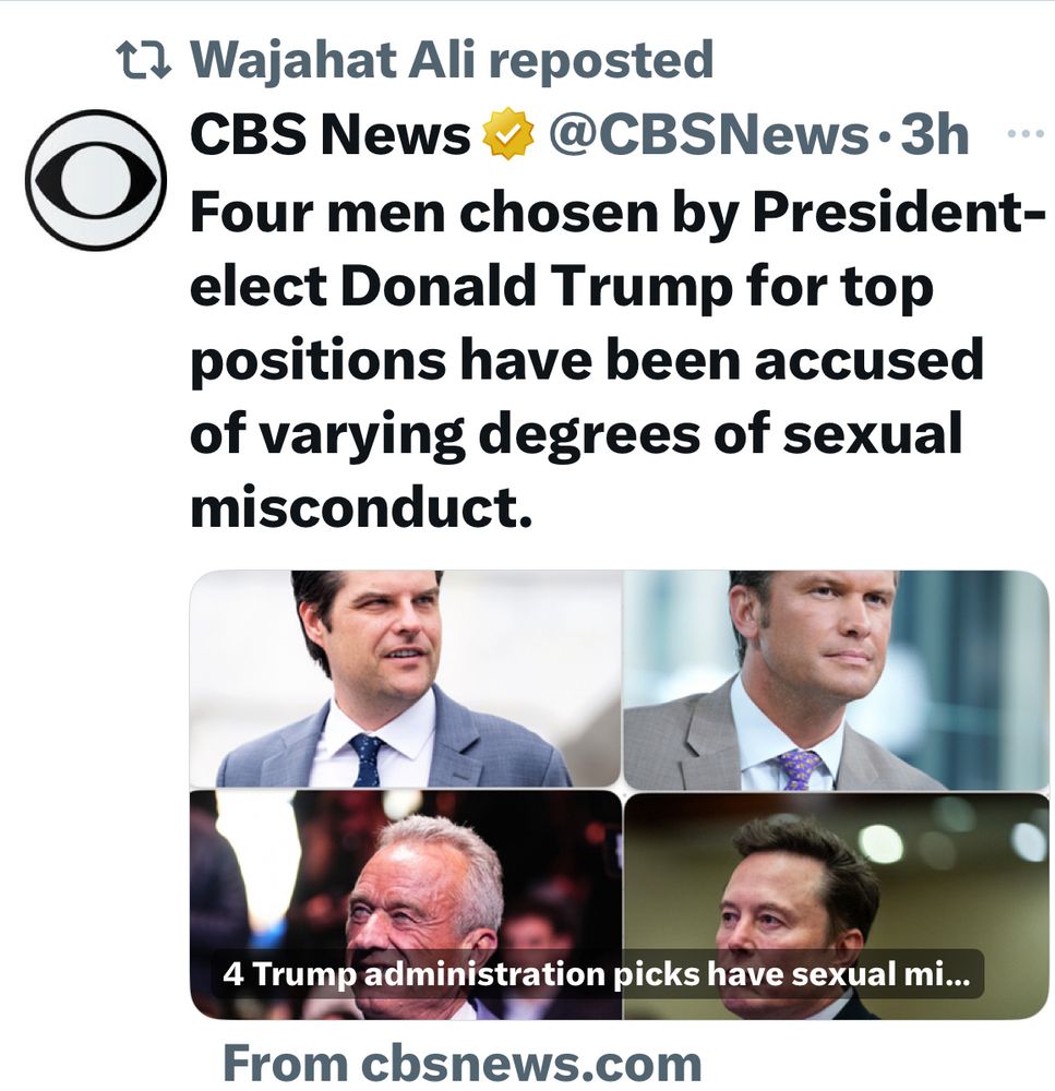 Screenshot of 
@CBSNews•
Four men chosen by President-elect Donald Trump for top positions have been accused of varying degrees of sexual misconduct.