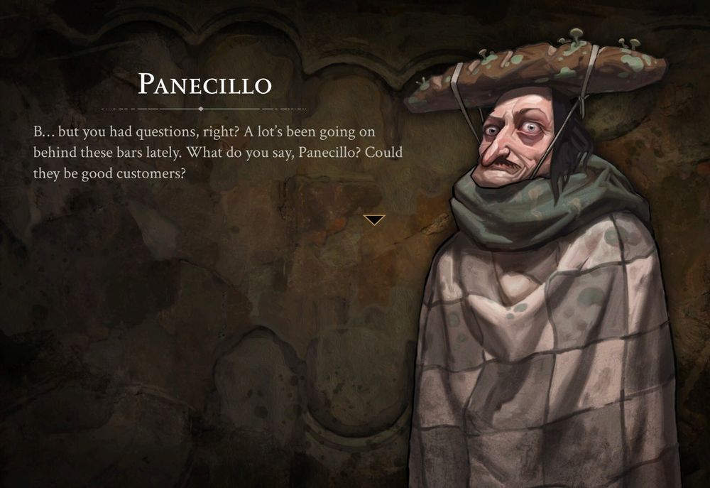 A screenshot from The Stone of Madness. It's a image from the introduction to the character Panecillo. He is draped himself in dirty grey and white checkered fabric that came from who knows where. He completes his look with more green fabric around his neck and a moldy loaf of bread he has tied to his head as a hat.