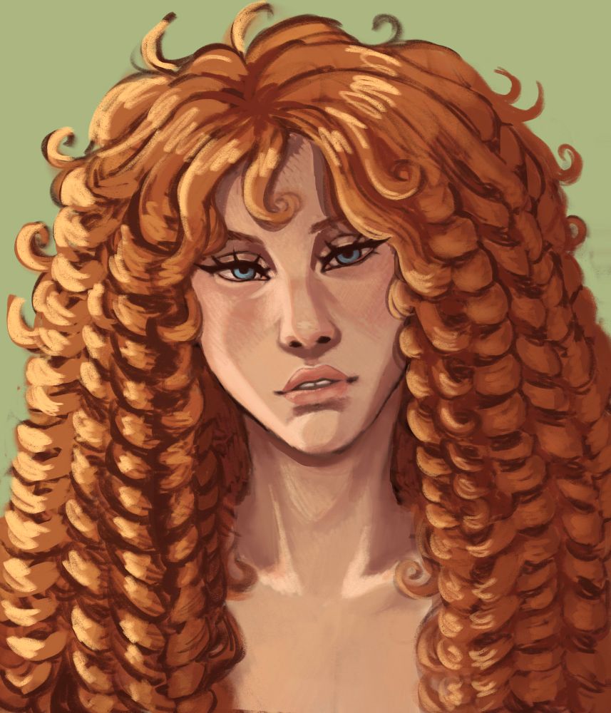 digital portrait of my original character - Selena
she has curly, ginger hair and blue eyes
