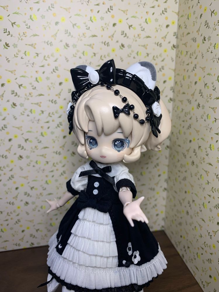 ブラインドドールです
ユキヒョウの角のついたカチューシャをしており、白と黒のドレスを着ています