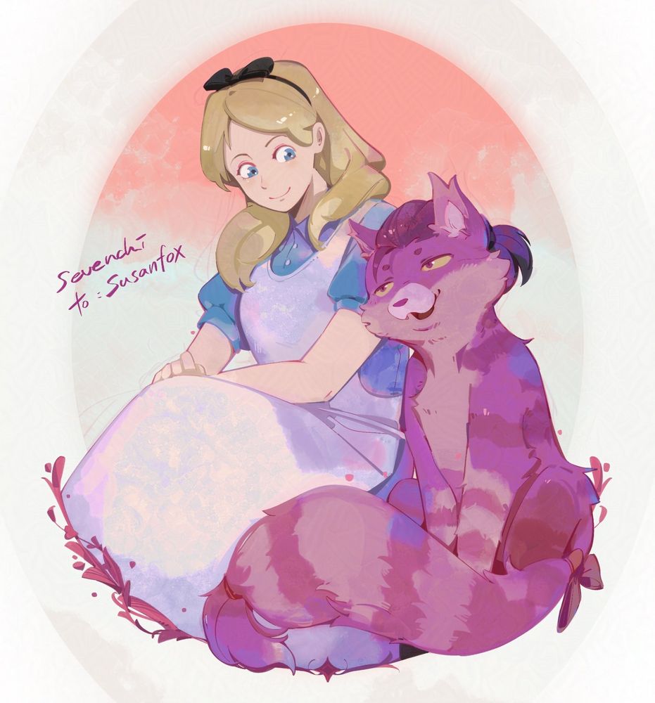Alice (in wonderland 1950's version) and Susan's OC cheshire cat (also 1950's movie version but made to be an OC with ribbons and ponytail) being fiends and vibing together