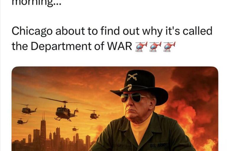Screenshot of a Truth Social post by Trump. Image shows an AI generated image of the Chicago skyline burning with Vietnam era Huey troop transport helicopters flying over it. Trump is in the foreground wearing sunglasses and an old style American cavalry hat and a Vietnam era green army shirt. Text reads “Chicago about to find out why it’s called the Department of WAR” three helicopter emojis follow the text.