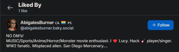 Screenshot showing
Liked By
1 like
AbigalesBurner's profile