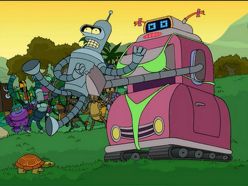 Screen grab from Futurama. Bender is being picked up like a child from behind by The Crushinator. The Crushinator is a large and very boxy pink robot and is wearing a light green thong bikini.