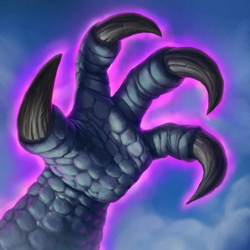 Cartoon image of a grey dragon’s raised claw with a purplish pink aura against a partly cloudy blue sky background.