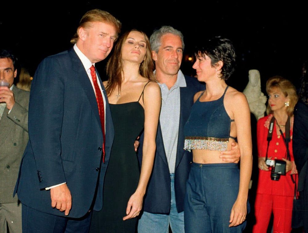 A photo of Donald Trump, Melania Trump, Jeffrey Epstein, and Ghislaine Maxwell standing together smiling at a party.